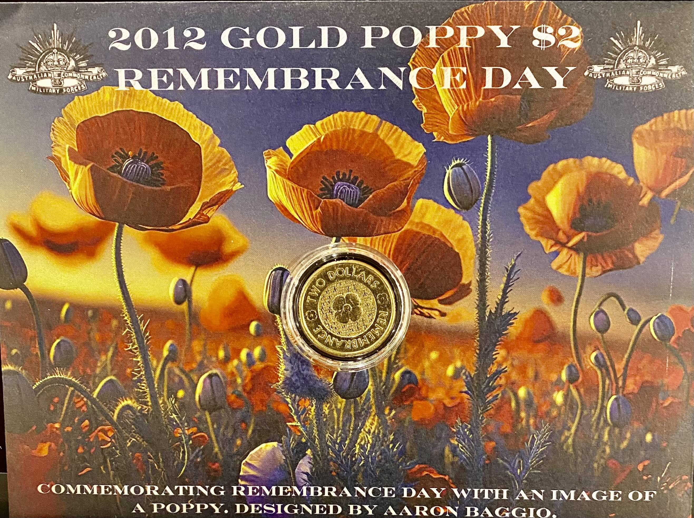 2012 Gold Poppy $2 Remembrance Day Coin in Card