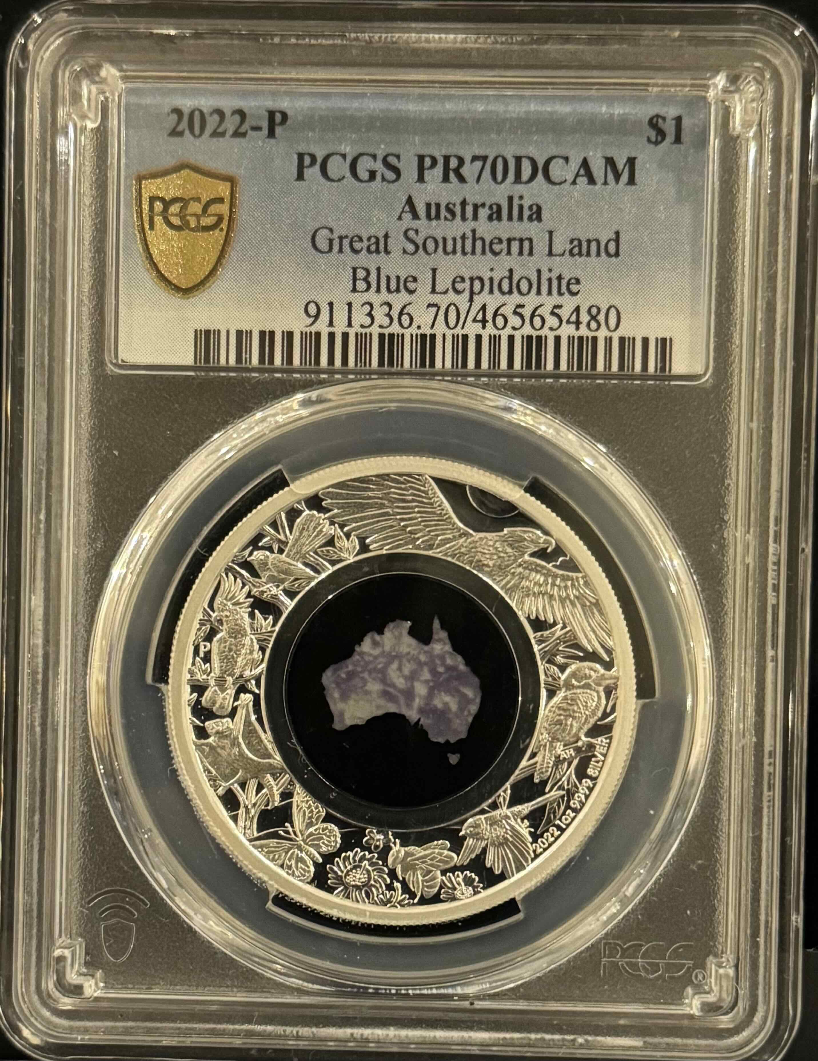 Perth Mint 2022 $1 1 oz Silver Proof PCGS MS70 Great Southern Land Blue Lepidolite