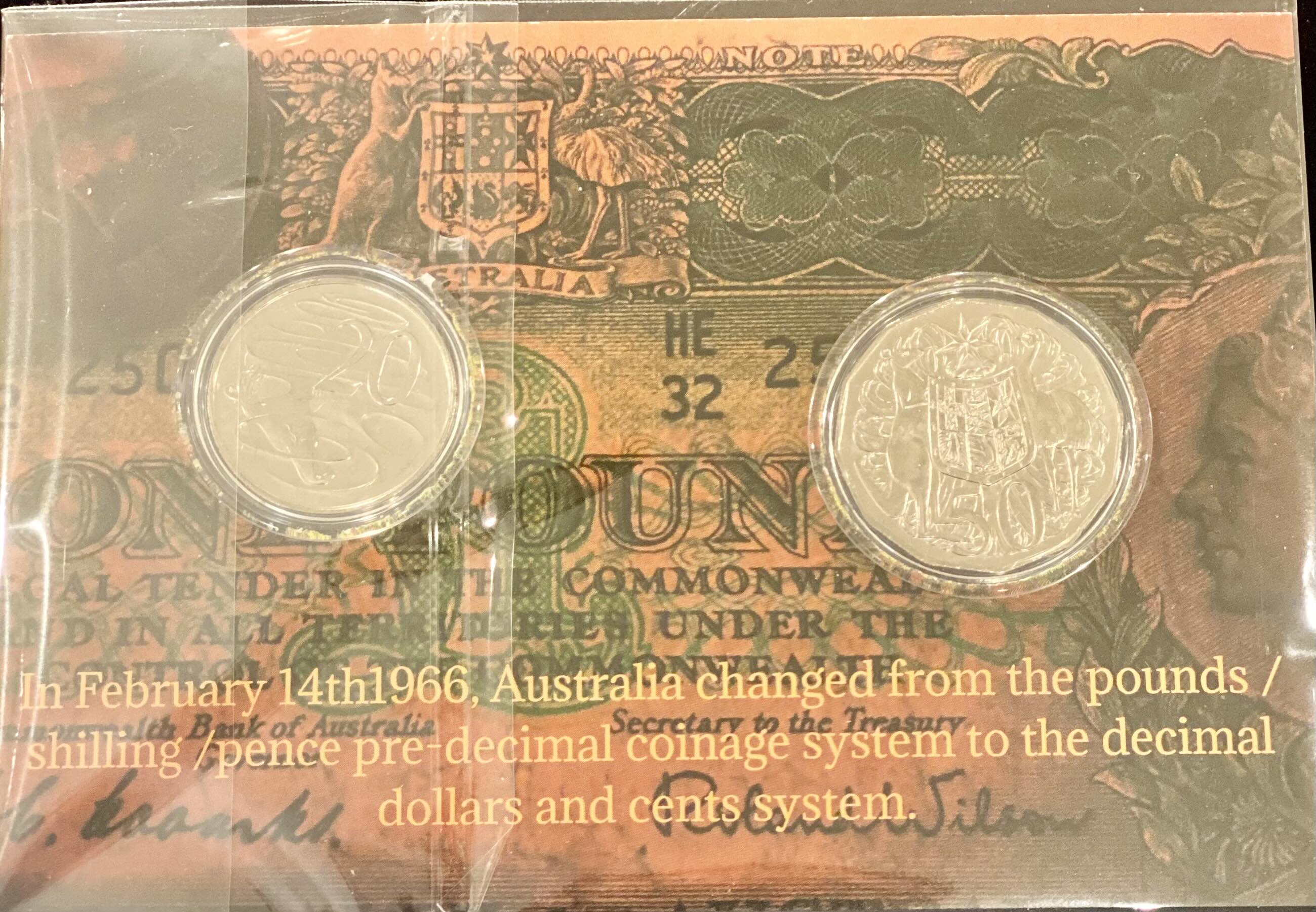 2016 50th Anniversary of Decimal Currency 50c and 20c UNC Coins In Card