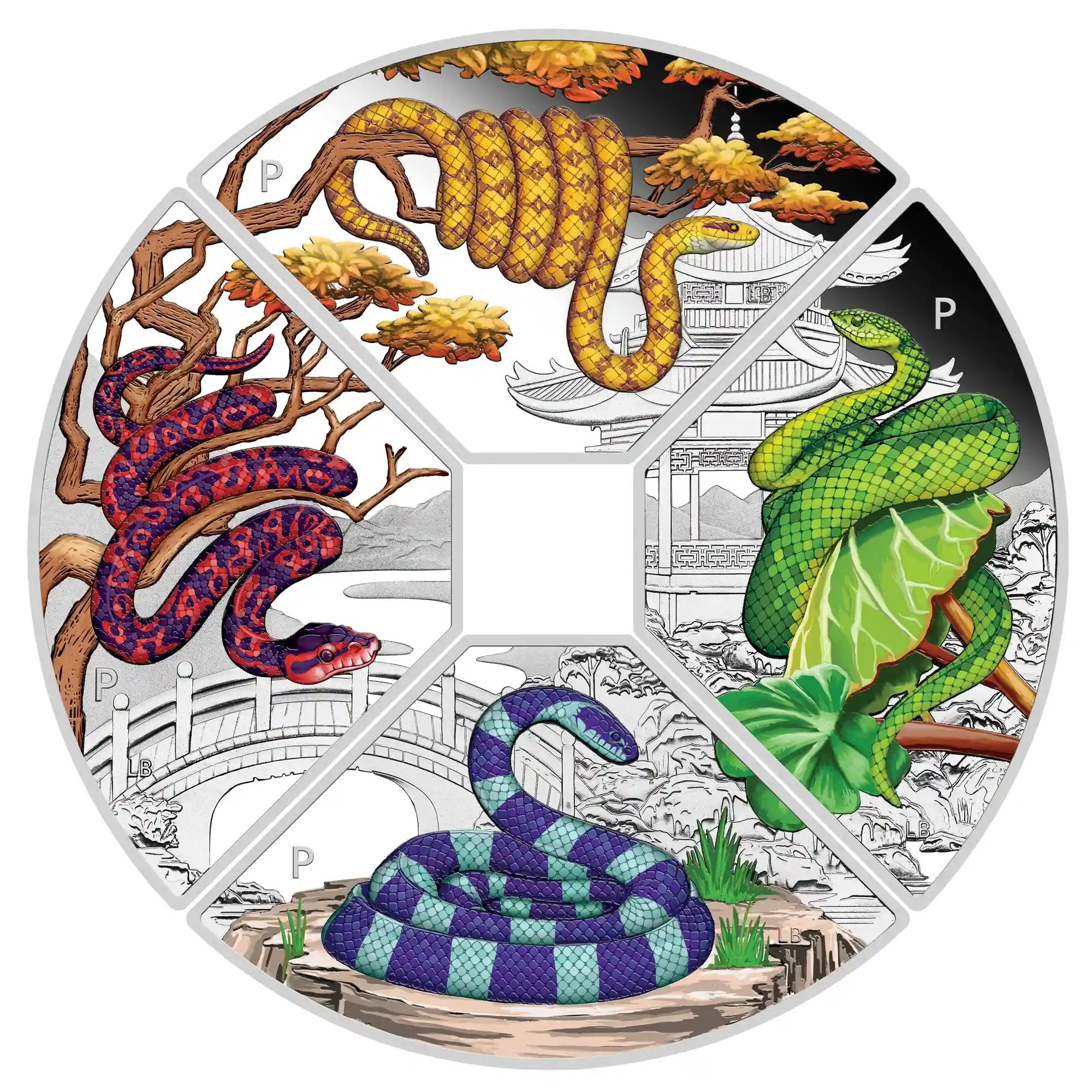 Perth Mint 2025 Chinese Lunar Snake Quadrant 1 oz 99.99% Silver Proof Coloured 4 Coin Set