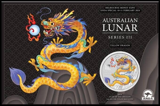 Perth Mint Lunar Series III Year of the Dragon, Yellow Dragon 2024 1 oz Silver Coloured Coin- Melbourne Money Expo ANDA Special in Card