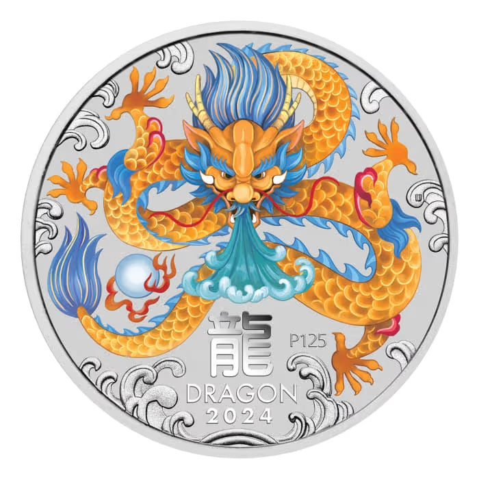 Perth Mint Lunar Series III Year of the Dragon 2024 5 oz Silver Coloured Bullion Coin