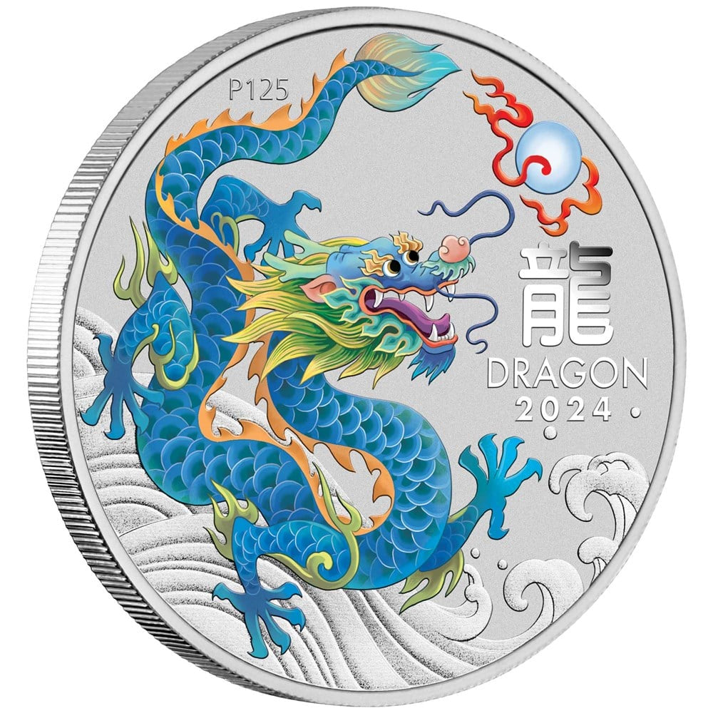 Perth Mint Lunar Series III Year of the Dragon, Teal Dragon 2024 1 oz Silver Coloured Coin- Perth Money Expo ANDA Special in Card