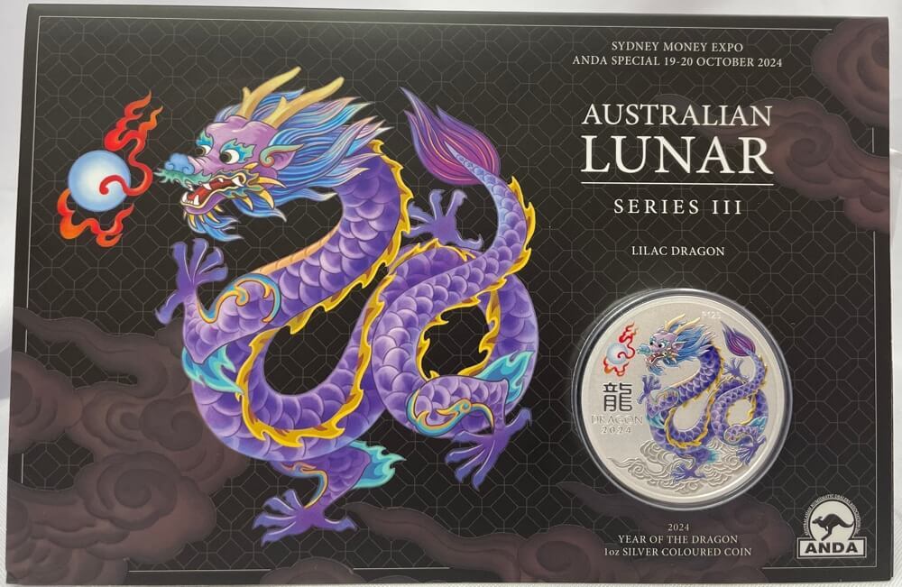 Perth Mint 2024 Year of the Dragon Sydney Money Expo ANDA Special 1 oz Silver Lilac BU Coin in Card