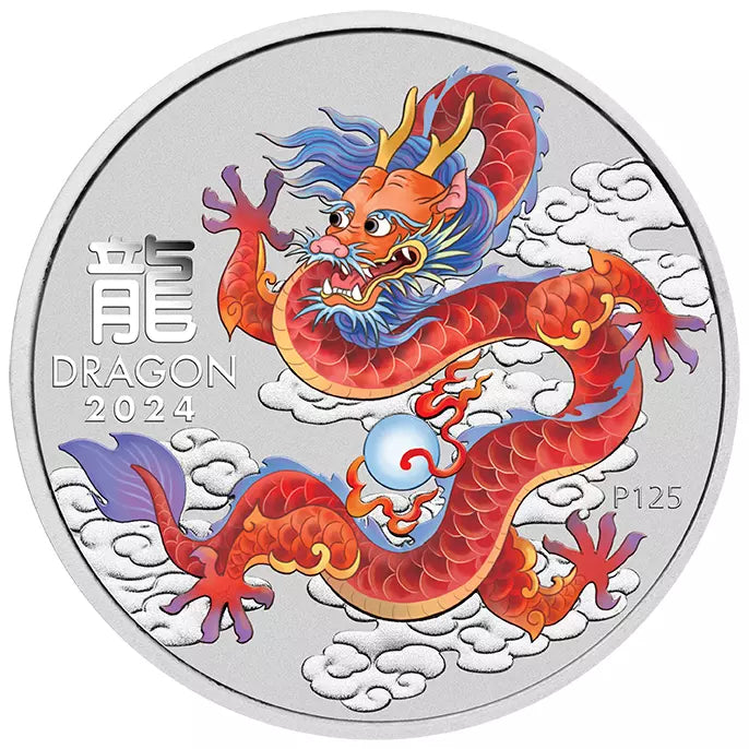 Perth Mint 2024 Year of the Dragon 1/2 oz Silver Red Dragon Coloured Coin