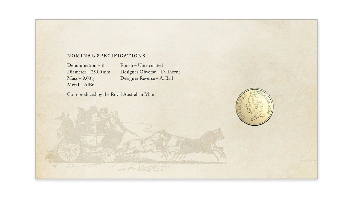 Royal Australian Mint Cobb & Co Centenary of the Last Coach Service in Australia 2024 $1 PNC