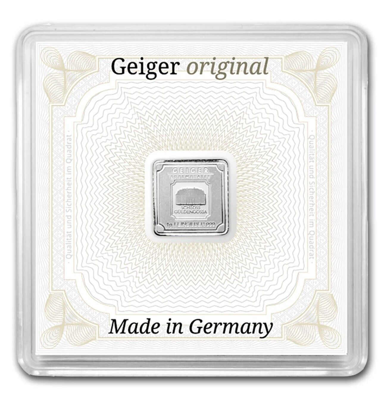 Geiger Original Schloss Guldengossa 1 gm Silver Square Minted Bar in Capsule