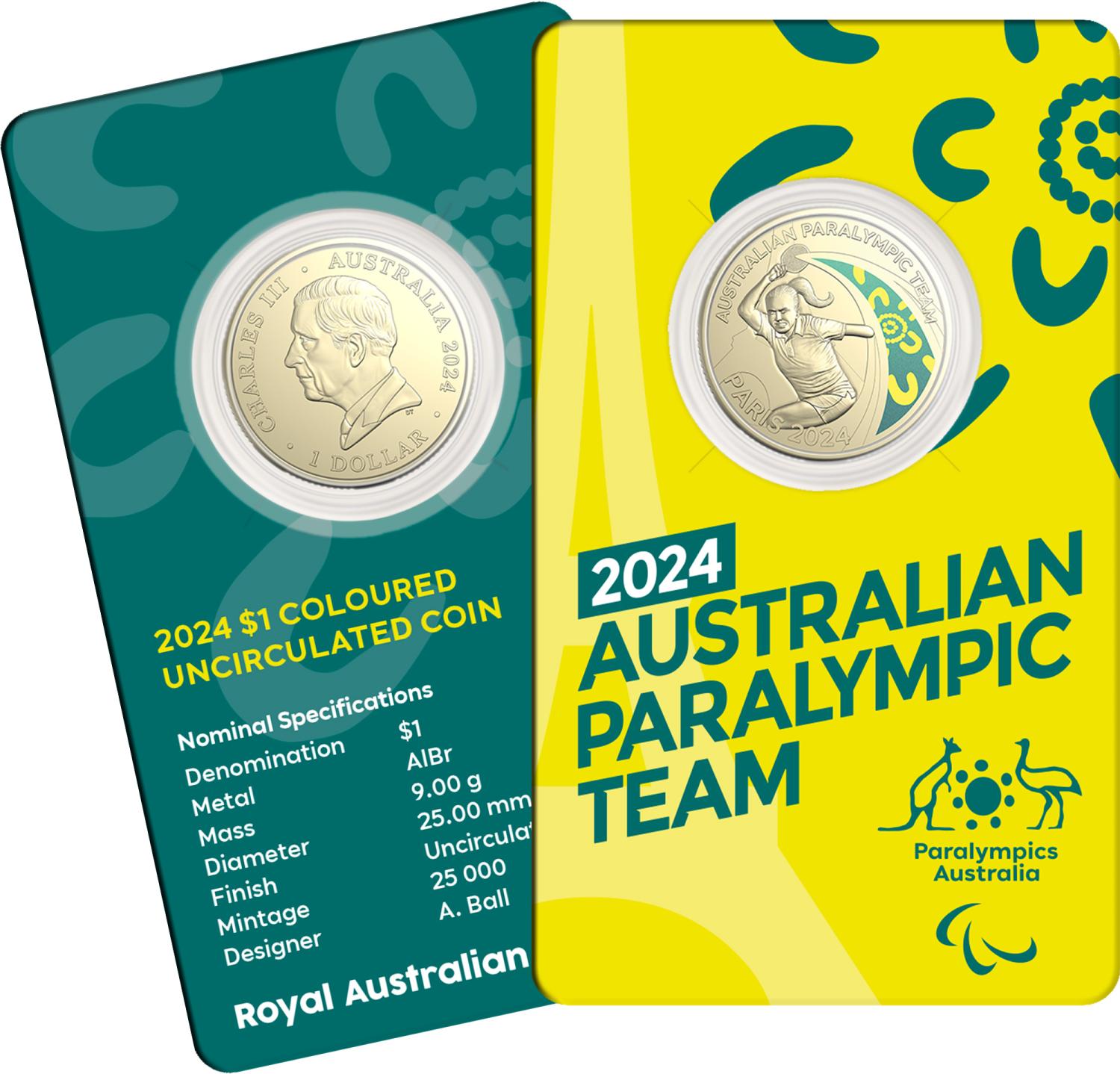 Royal Australian Mint 2024 $1 Australian Paralympic Team Coloured AlBr UNC Coin on Card