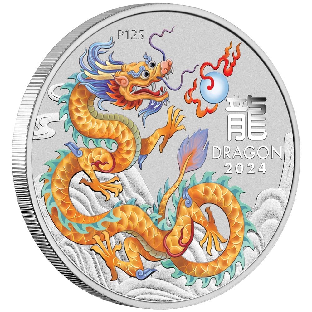 Perth Mint 2024 Year of the Dragon 1 oz Silver Golden ANA BU Coin in Card