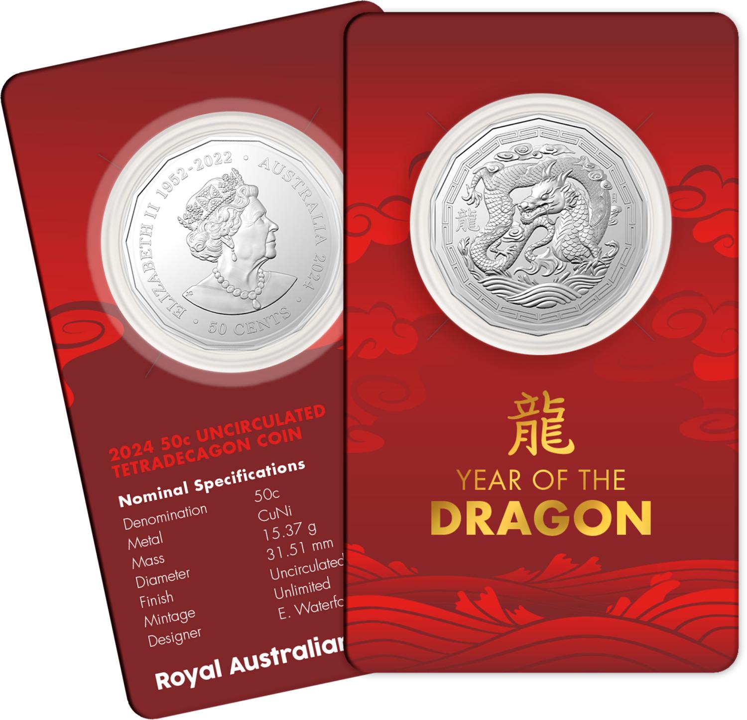 Royal Australian Mint 2024 50c UNC Tetra Decagon Year of the Dragon Coin