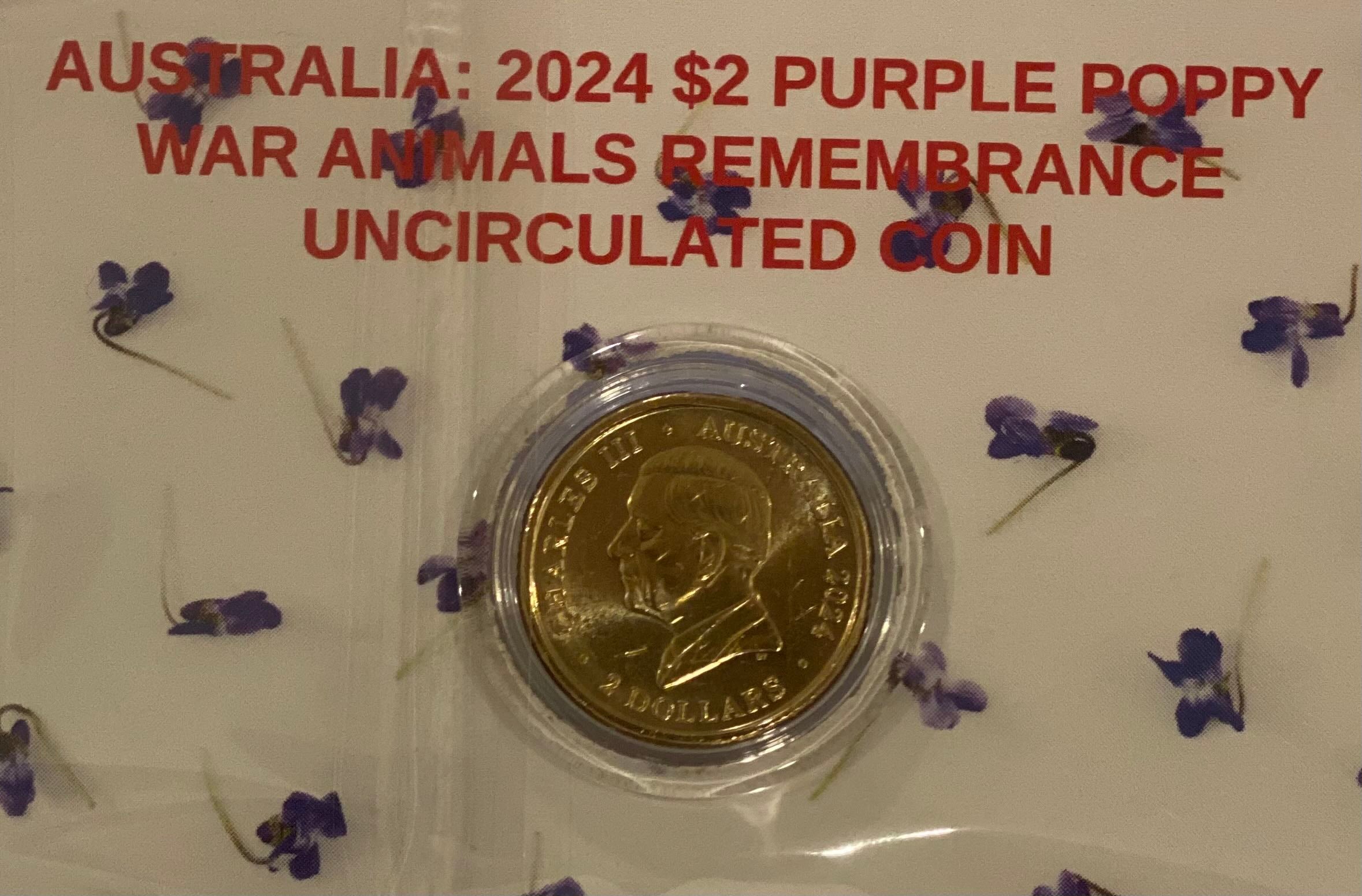 2024 War Animals Purple Poppy $2 Coin in Card