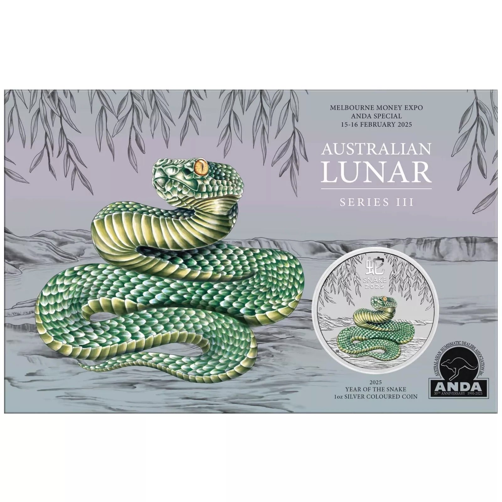 Perth Mint Lunar Series III Year of the Snake 2025 1 oz Silver Coloured Bullion Coin in Card Anda Melbourne Money Expo