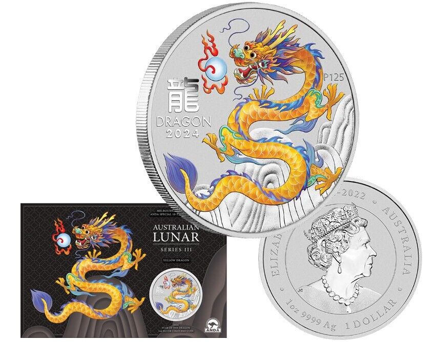 Perth Mint Lunar Series III Year of the Dragon, Yellow Dragon 2024 1 oz Silver Coloured Coin- Melbourne Money Expo ANDA Special in Card