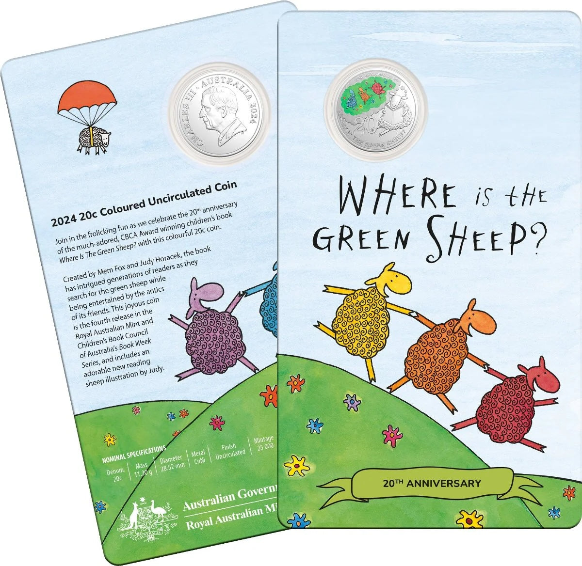 Royal Australian Mint 20th Anniversary of Where is the Green Sheep 20c Coloured UNC Coin