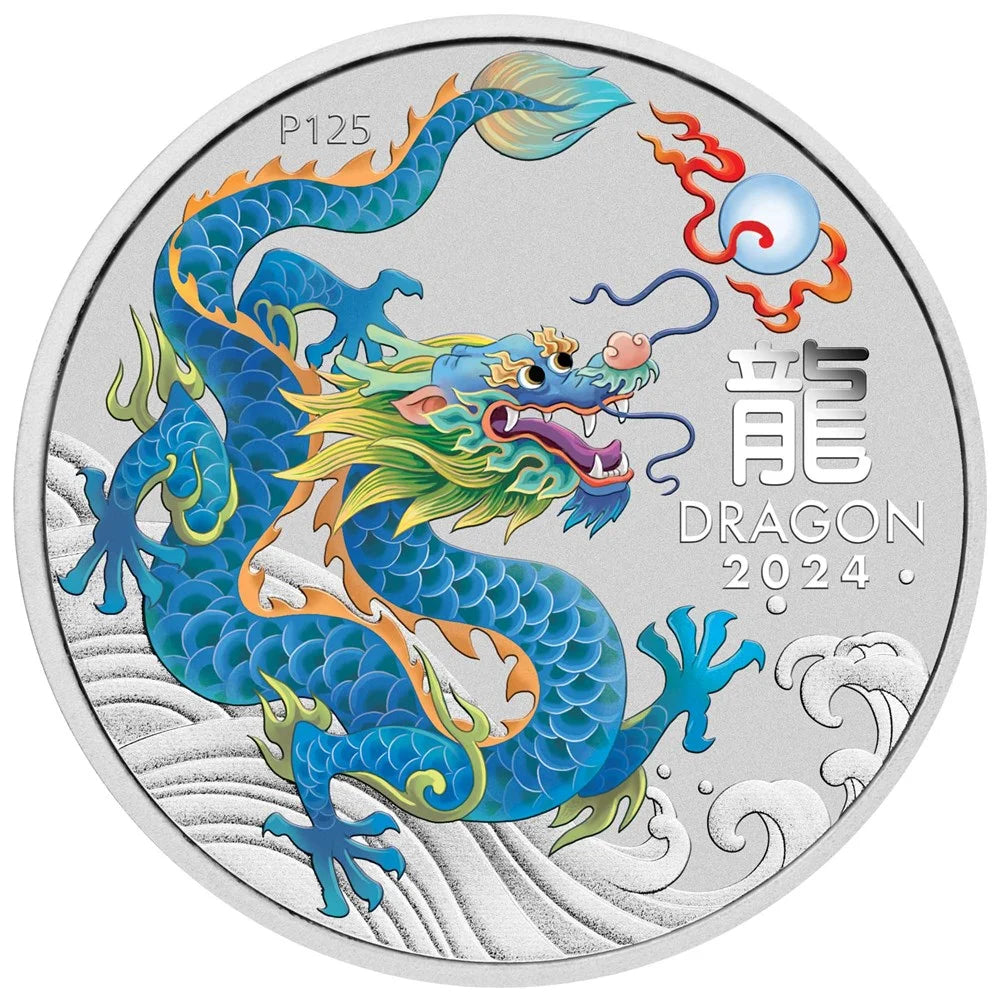 Perth Mint Lunar Series III Year of the Dragon, Teal Dragon 2024 1 oz Silver Coloured Coin- Perth Money Expo ANDA Special in Card