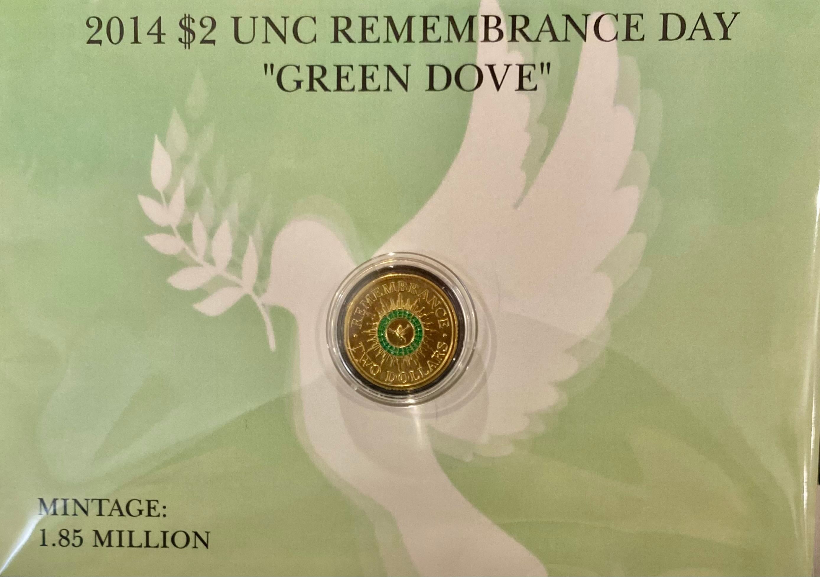 2014 Remembrance Day Green Dove Coloured UNC Coin in Maxi Card