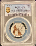 Perth Mint 2023-P 1/4 oz Silver PCGS MS70 Year of the Rabbit Colorised ANDA Sydney Money Expo