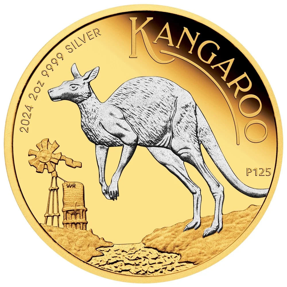 Perth Mint Australian Kangaroo 2024 2oz Silver Reverse Gilded coin