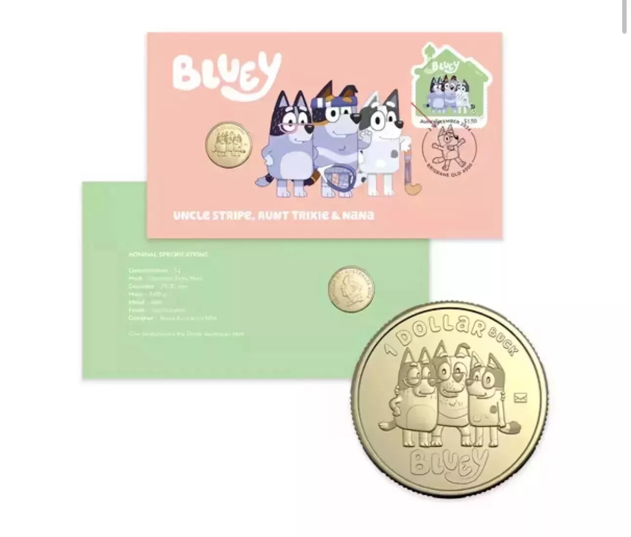 Royal Australian Mint 2024 Bluey Bucks Uncle Stripe, Aunt Trixie and Nana $1 PNC