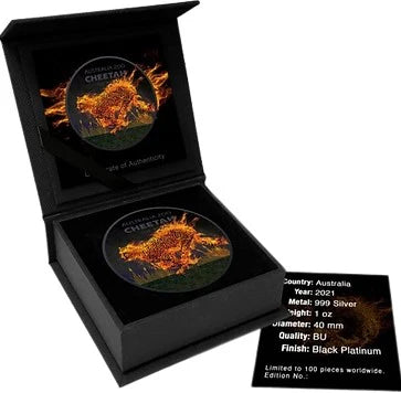 Australia Zoo 2021 Burning Cheetah Black Platinum 24k Metallic $1 Colourised 1oz .999 Silver Coin