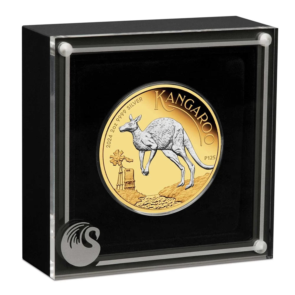 Perth Mint Australian Kangaroo 2024 2oz Silver Reverse Gilded coin